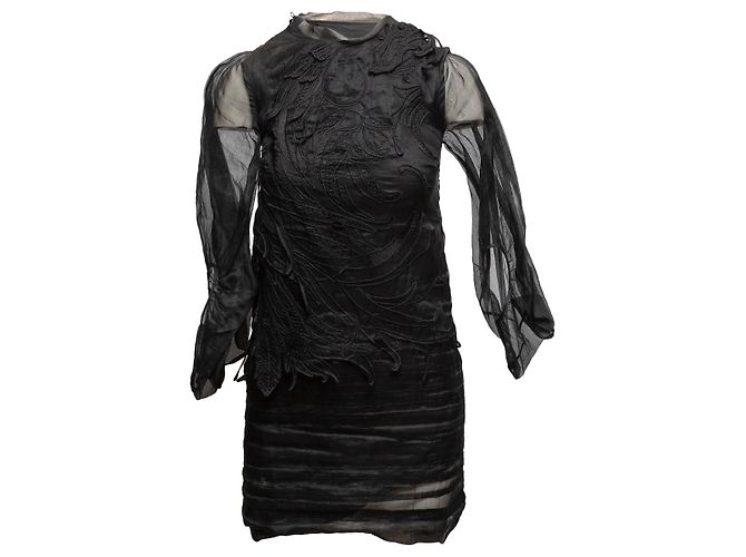Autre Marque Schwarzes besticktes Langarm-Minikleid Antonio Berardi Größe IT 38