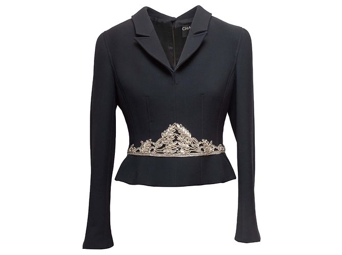 Vintage Black Chanel Embellished Wool Blazer Top Size FR 42