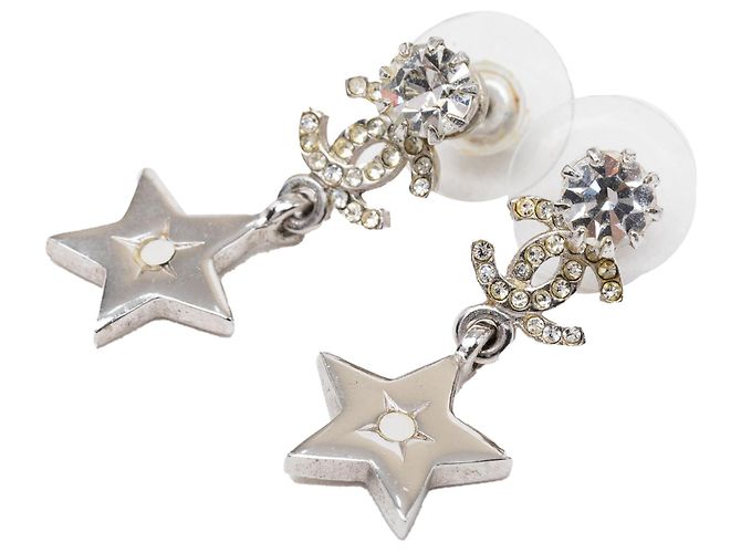 Silver Chanel CC Brass and Strass Star Drop Push Back Earrings Silvery