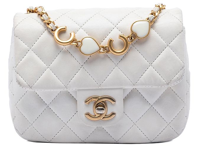 Borsa a tracolla Chanel Mini Square Classic Lambskin Enamel Coco Hearts Single Flap bianca Bianco