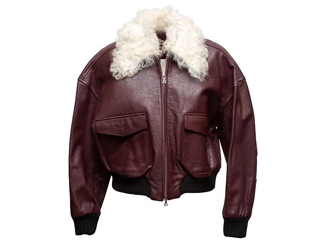 Burgundy & White Khaite Cropped Leather Jacket Size US 6