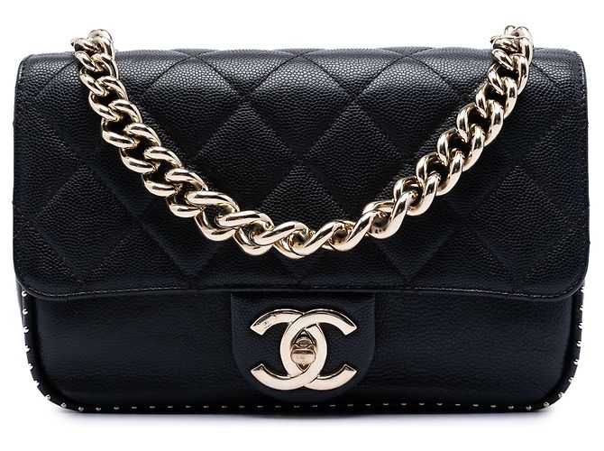 Borsa Chanel Small CC Trapuntata Caviar con Borchie Single Flap Nera Nero
