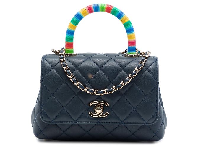 Chanel Extra Mini gesteppte Lammhaut Tasche Blau Rainbow Coco Top Handle Satchel