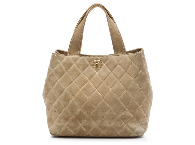Bolsa Shopping Chanel Mini CC em camurça acolchoada bege