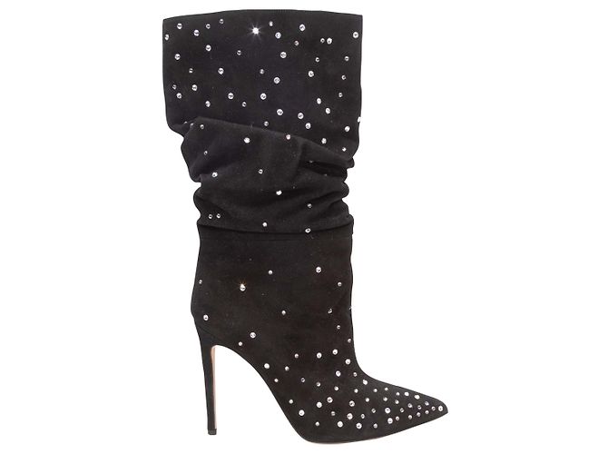 Black Paris Texas Suede & Rhinestone Pointed-Toe Slouch Boots Size 41