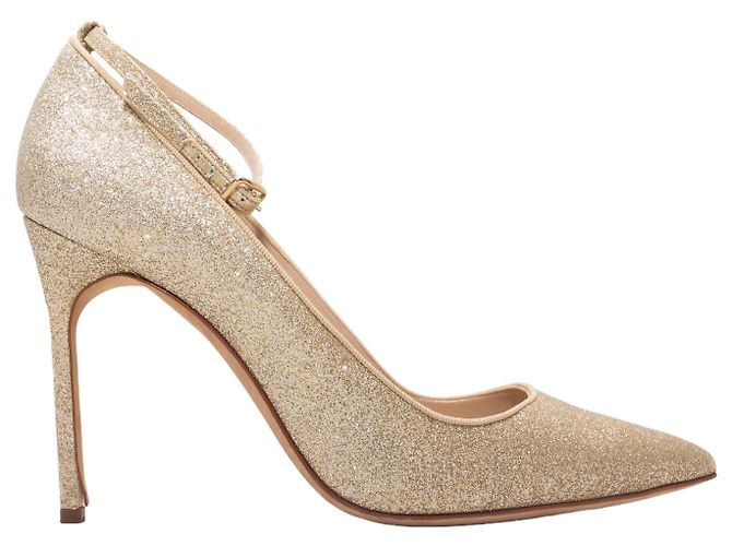 Escarpins à bout pointu et bride à la cheville à paillettes dorés Manolo Blahnik Taille 40