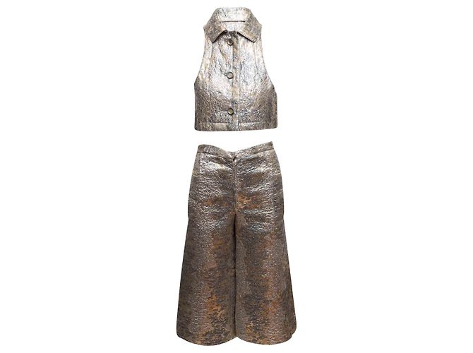 Vintage Silber & Gold Jeanne Lanvin Metallic Jacquard Oberteil & Hose Set Größe US S
