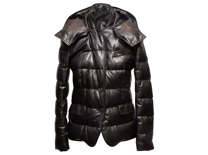 Black Tom Ford Leather Hooded Down Puffer Jacket Size IT 40