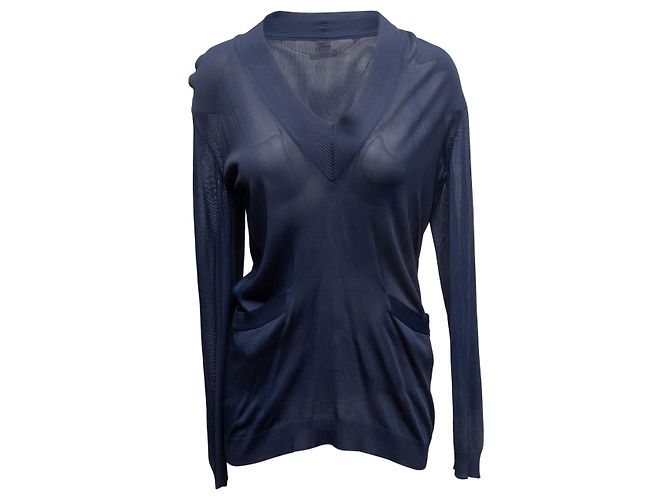 Hermès Top trasparente a maniche lunghe con scollo a V blu navy Hermes Taglia FR 38