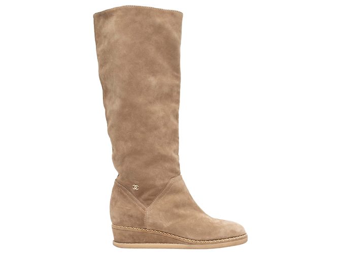 Tan Chanel Suede Knee-High Wedge Boots Size 38.5 Camel