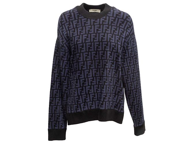 Fendi Intarsia Zucca Strickpullover Schwarz & Navy Größe IT 38 
