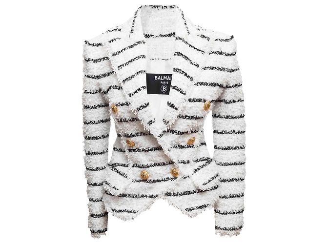 White & Black Balmain Striped Textured Double-Breasted Blazer Size FR 34