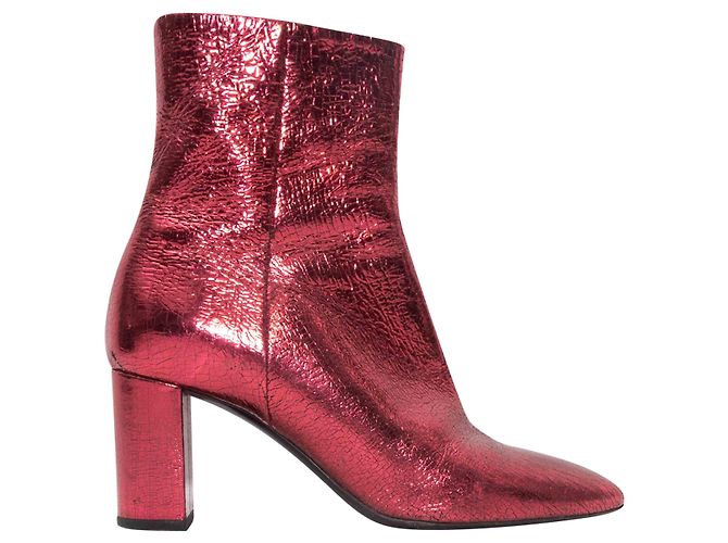 Red Saint Laurent Metallic Leather Pointed-Toe Ankle Boots Size 36