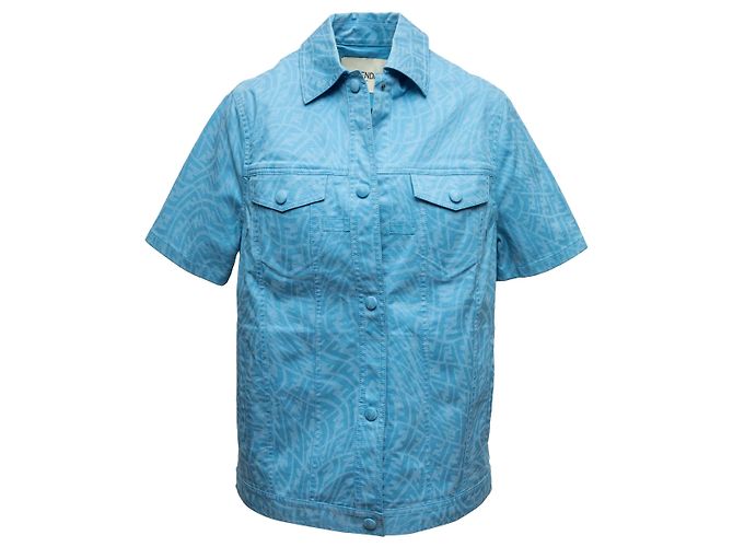 Camicia a maniche corte in nylon blu Fendi con stampa Zucca e bottoni Size IT 36