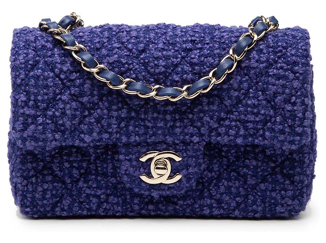 Bolsa Transversal Chanel Mini Rectangular Classic Tweed Single Flap Azul