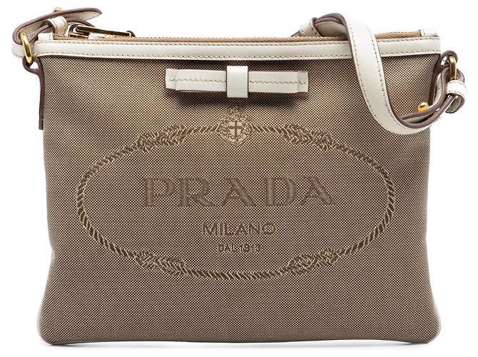 Bow Borsa a tracolla Prada Canapa in tela marrone con logo e fiocco