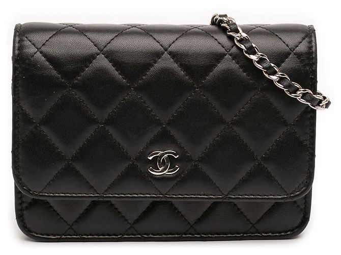 Wallet On Chain Mini borsa a tracolla Chanel Mini CC in agnello nero con catena