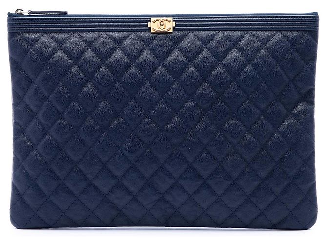 Blauer Chanel Large Quilted Caviar Boy O Case Clutch