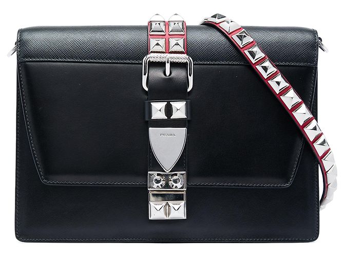 Borsa a tracolla Elektra con borchie in pelle City e Saffiano nera di Prada Nero