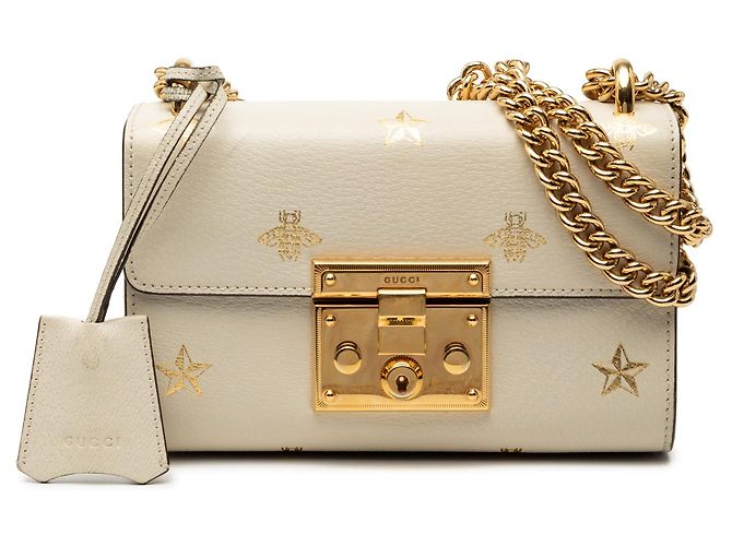 Borsa a tracolla Gucci Small Leather Bee Star Padlock bianca Bianco