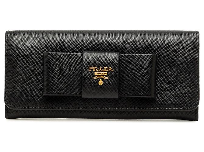 Black Prada Saffiano Lux Bow Continental Wallet Long Wallets