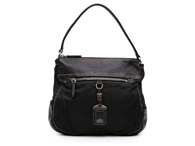 Borsa a tracolla in pelle e tessuto nero Prada