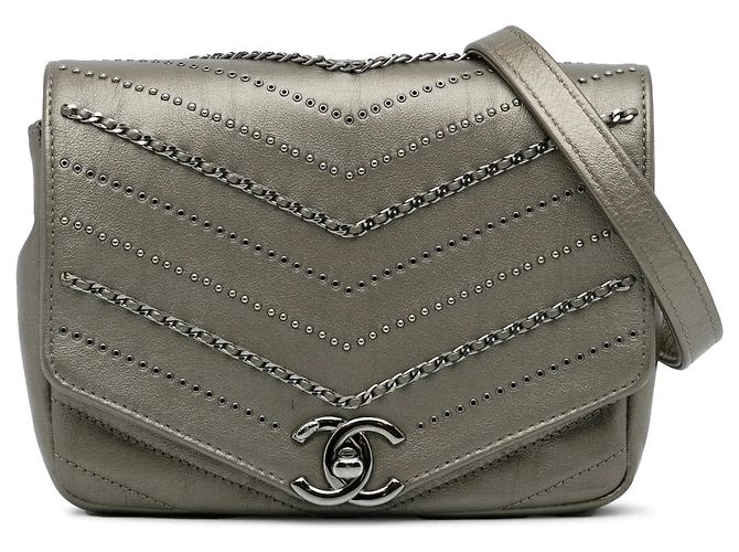 Gray Chanel Mini Embellished Calfskin Chevron Square Envelop Flap Crossbody Bag Grey