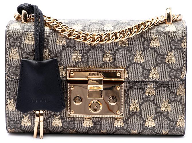 Borsa a tracolla Gucci Small GG Supreme Bee Padlock nera Nero