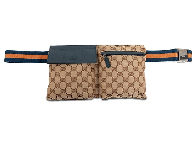 Borsa a tracolla Gucci GG Canvas Web Double Pocket Beige