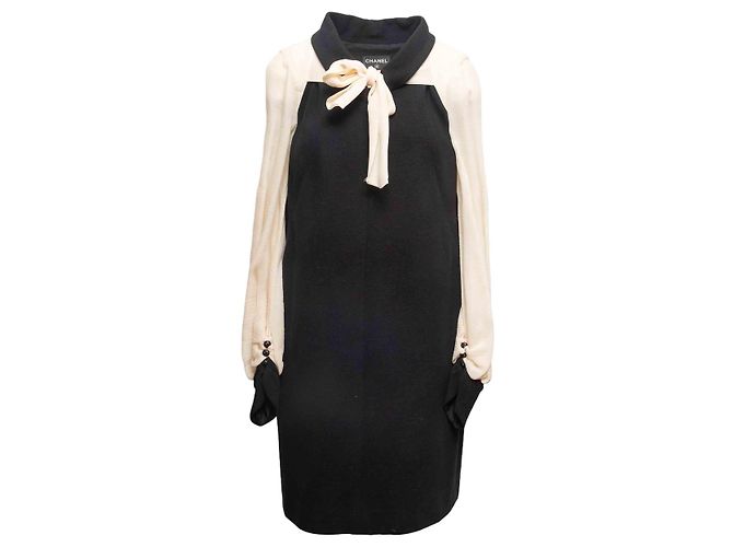 Vestido de manga comprida em algodão e seda Chanel preto e branco Tamanho FR 44