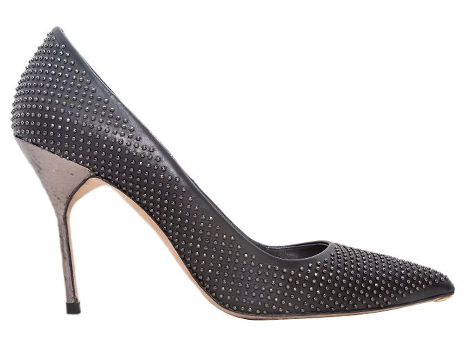 Black & Silver Manolo Blahnik Studded Pointed-Toe Pumps Size 40