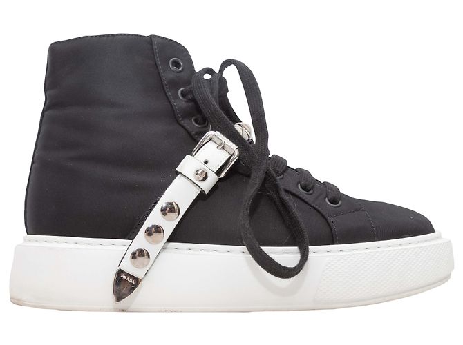 Black & White Prada Nylon High-Top Studded Strap Sneakers Size 36.5