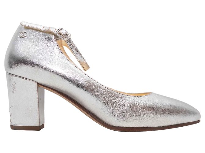 Silver Chanel Pointed-Toe Ankle Strap Pumps Size 38 Silvery