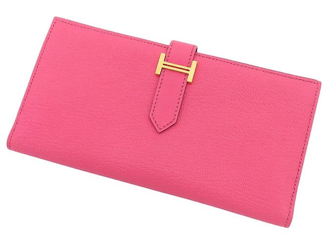 Portafoglio lungo pieghevole Hermès Chevre Bearn Soufflet rosa