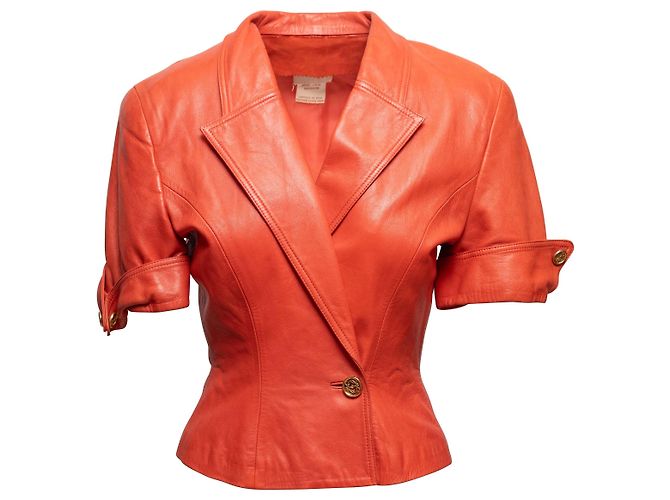 Orangefarbenes Loewe Leder-Set mit Kurzarmblazer und Rock Größe EU 42
