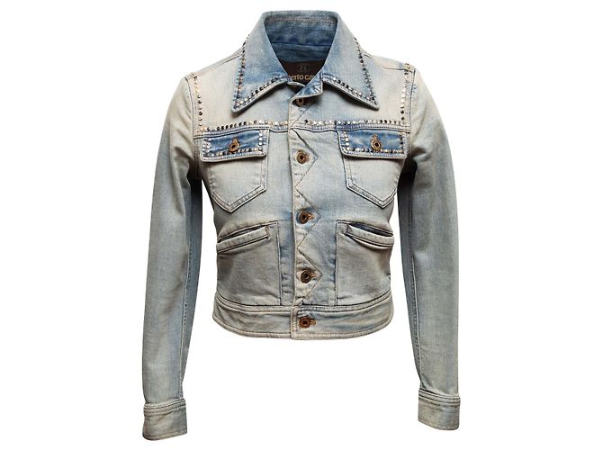 Hellblaue Roberto Cavalli Jeansjacke mit Nieten Größe IT 38
