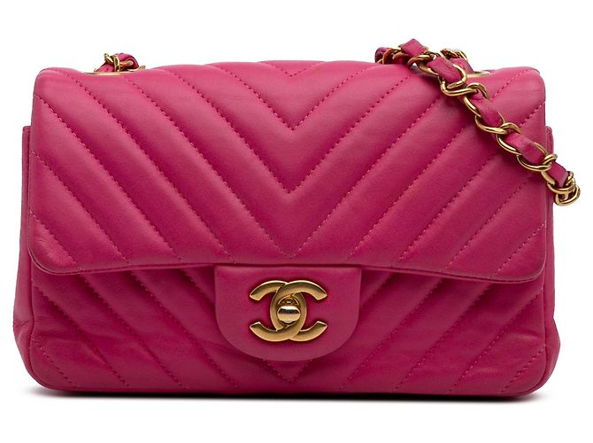 Mini sac bandoulière Chanel Rectangular Classic Chevron en agneau rose à rabat unique