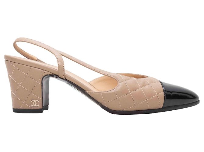 Beige & Black Chanel Cap-Toe Quilted Slingbacks Size 40