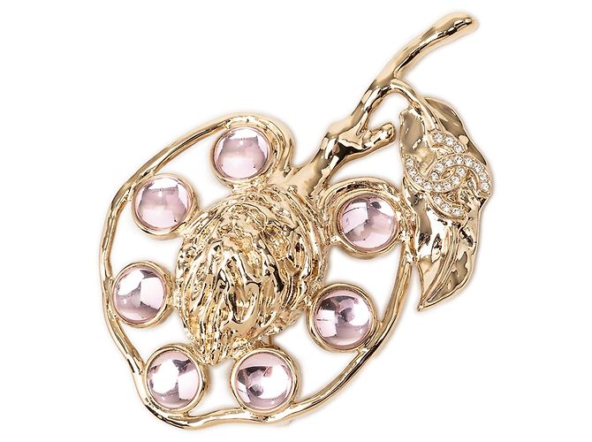 Spilla a perno Chanel Gold Plated CC Strass e Gripoix Fruit in Oro D'oro