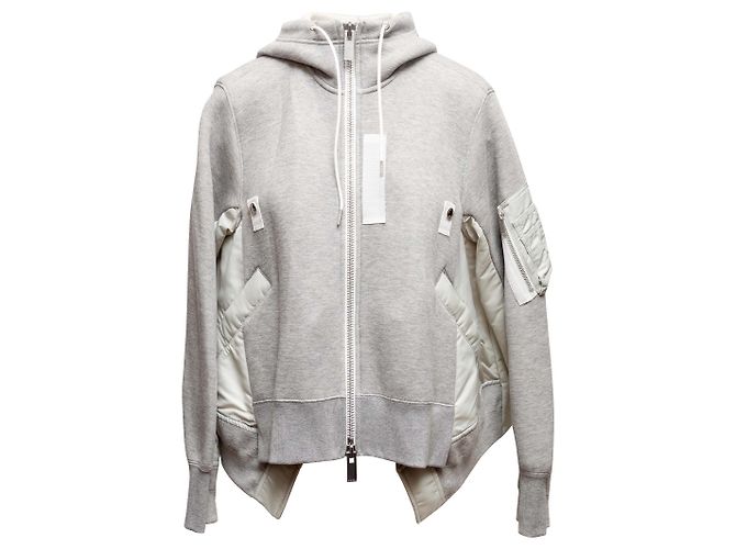Giacca con cappuccio e zip in cotone e nylon grigio e bianco Sacai Taglia Designer 3