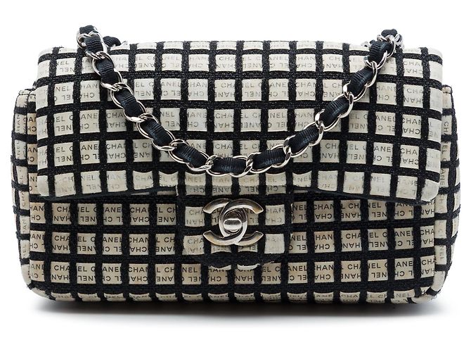 Borsa a tracolla Chanel Mini Rectangular Tweed e Ribbon Logo Single Flap nera Nero