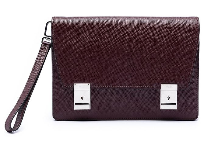 Rote Prada Saffiano Double Lock Convertible Clutch