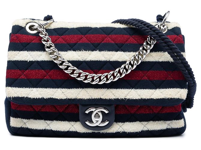 Borsa Chanel Jumbo Stripe in jersey di feltro e corda blu