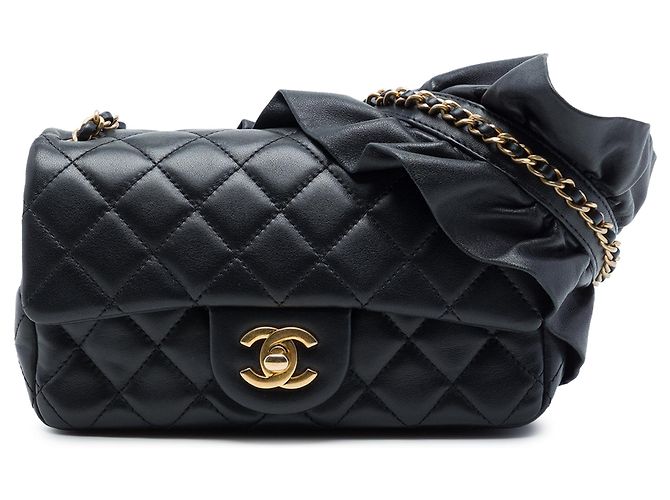Borsa a tracolla Chanel Mini Rectangular Classic Lambskin Romance Single Flap nera Nero