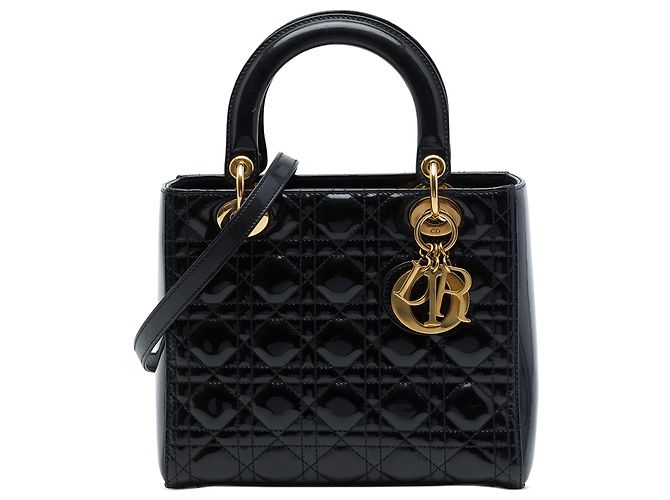 Sac à main Lady Dior Medium en cuir verni Cannage noir
