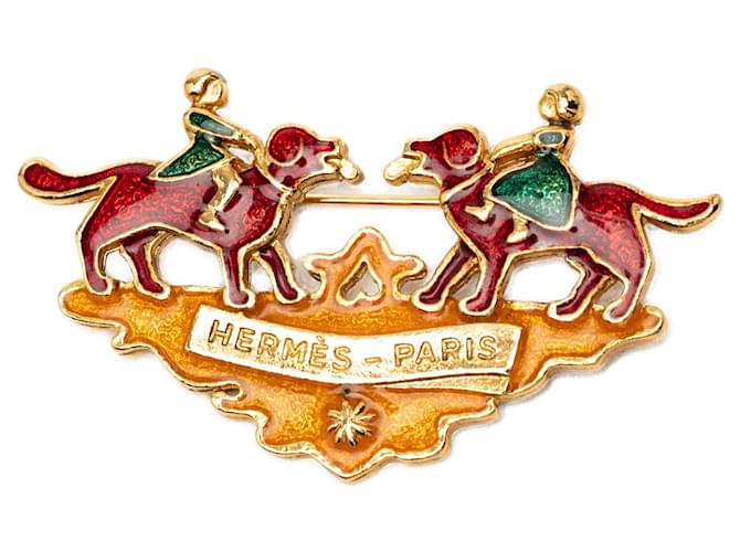 Gold Hermès Gold Plated Enamel Children And Dogs Brooch Golden 