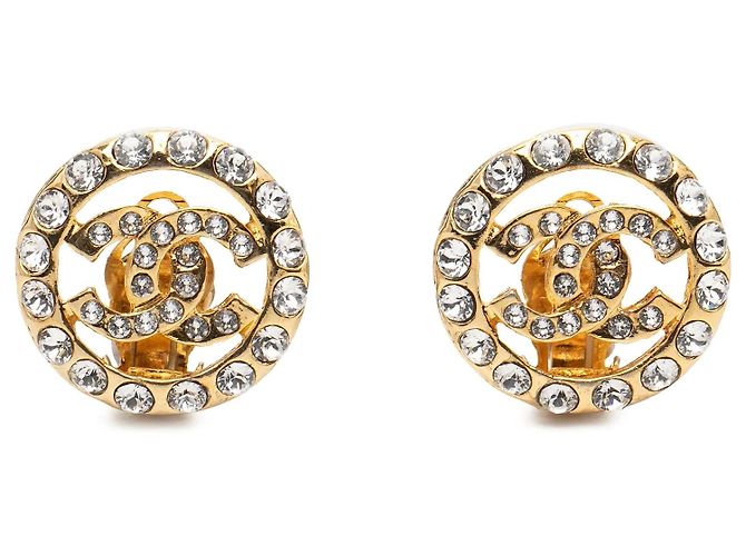 Orecchini a clip rotondi Chanel CC placcati oro e strass D'oro