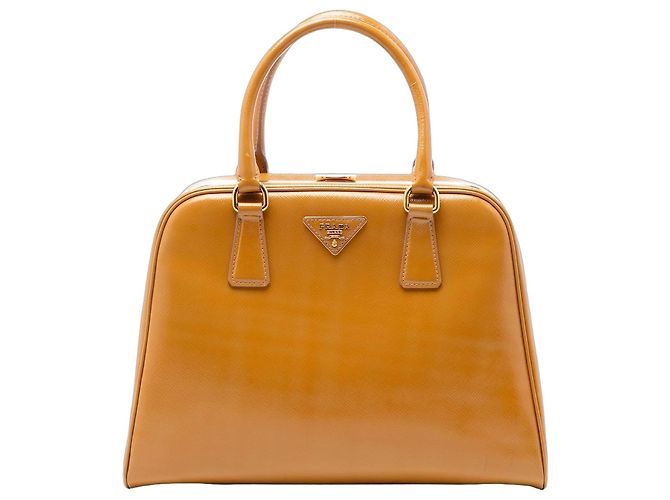 Bolsa Prada Saffiano Vernice Pyramid Frame marrom