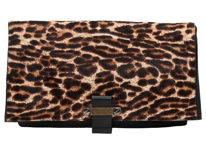 Clutch Lanvin de couro preto e marrom e pelo de pônei com estampa de leopardo