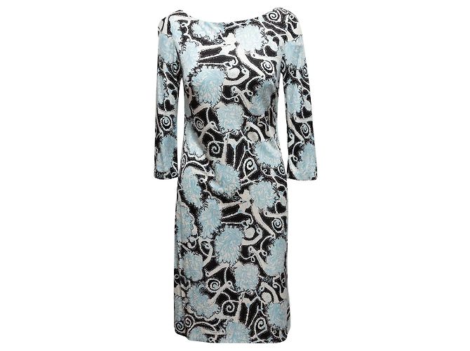 Hellblaues & mehrfarbiges Prada 2016 Vogelprint Kleid Größe IT 42